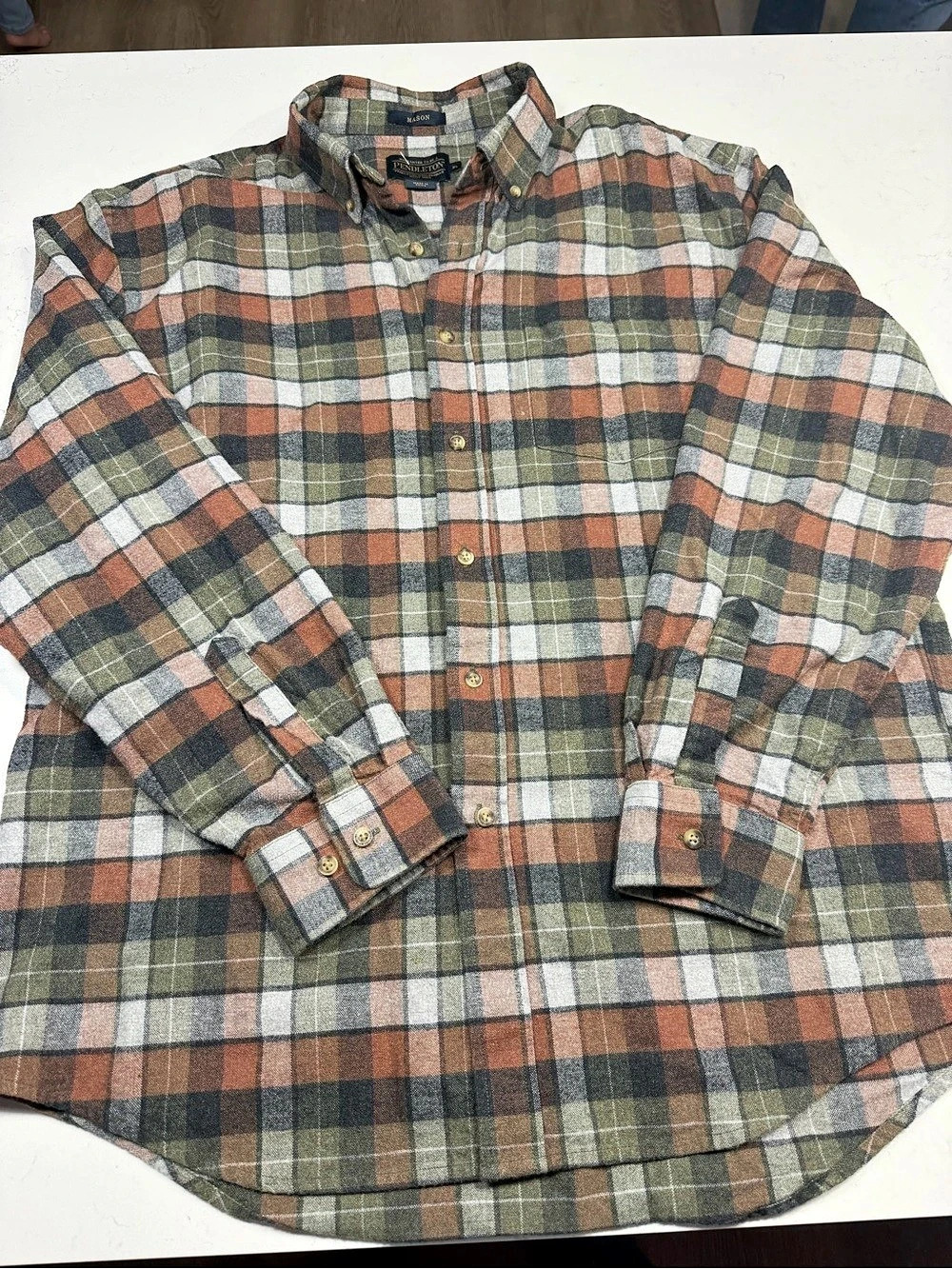Pendleton Mason Plaid Wool Shirt Green & Brown XL Like New